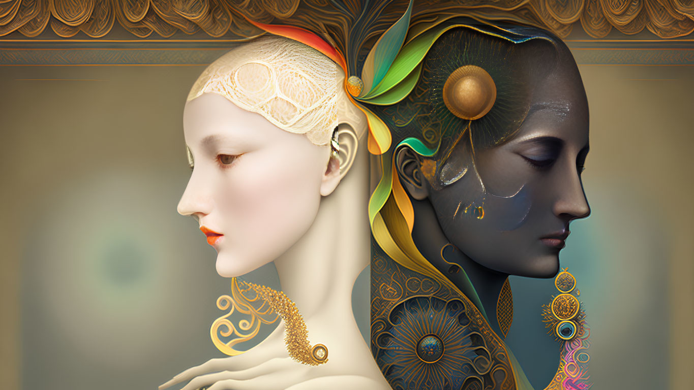 Stylized digital artwork featuring two profile faces, one pale and one metallic, adorned with gold and