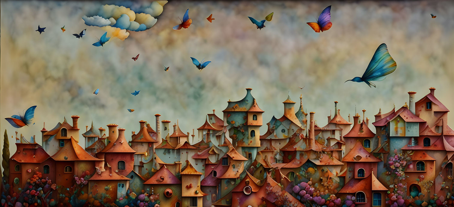 Whimsical landscape with fantasy houses and colorful butterflies