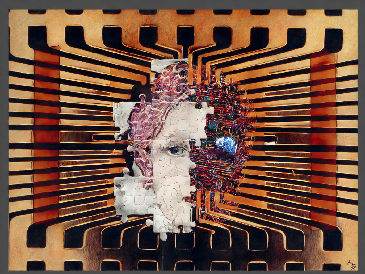 Abstract Human Face Integrated with Electronic Circuitry on Geometric Background