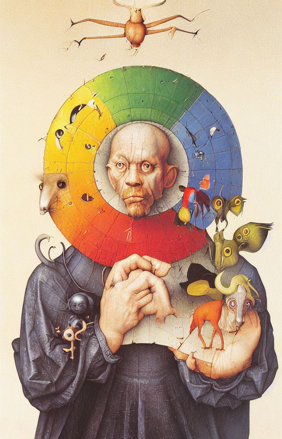 Colorful surreal portrait with wheel-shaped head and animal faces.