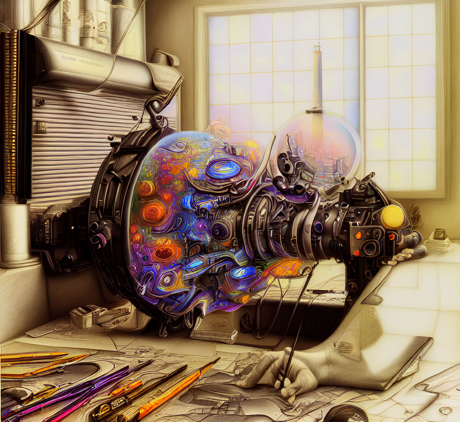 Colorful Mechanical Device with Intricate Gears on Cluttered Desk