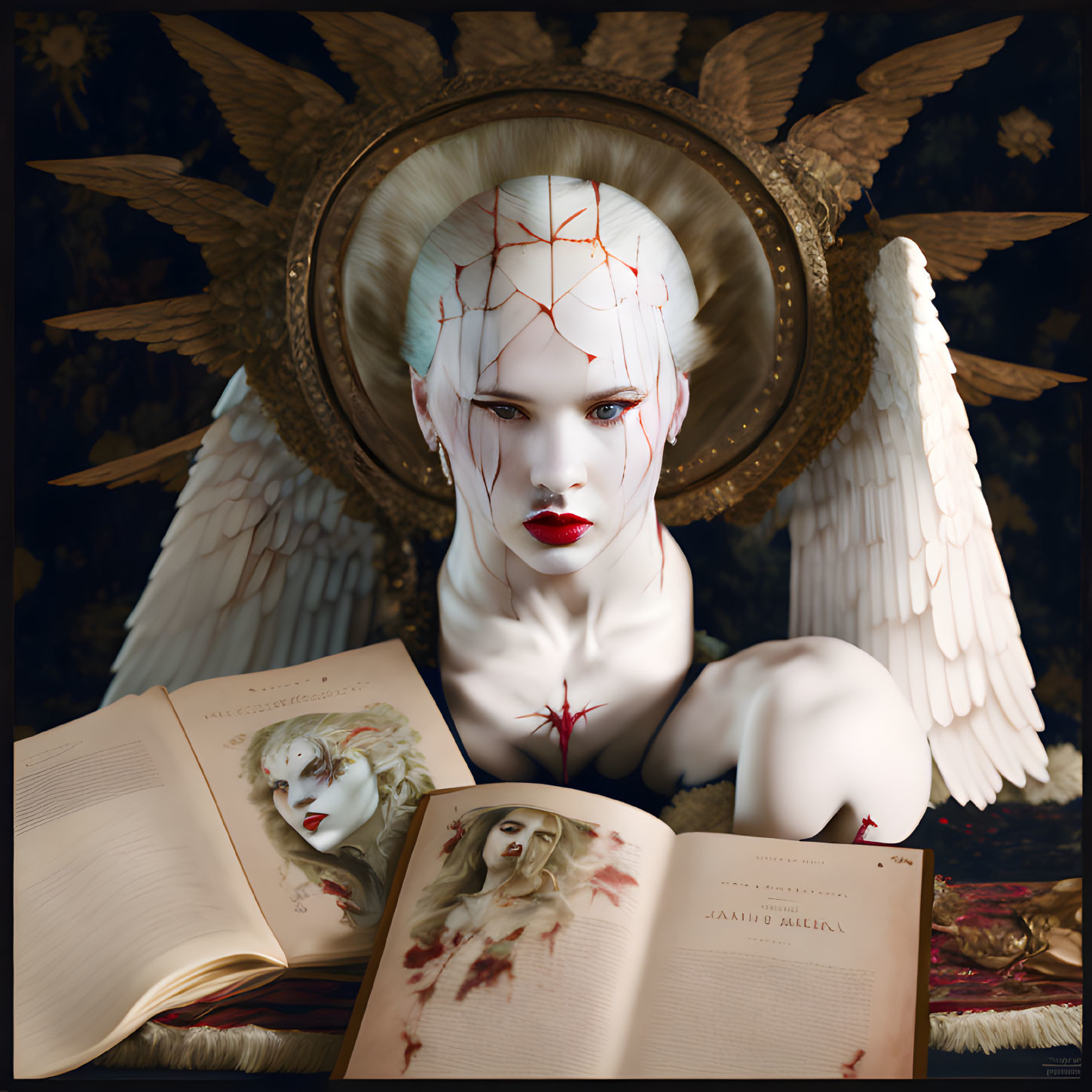 White-winged angelic figure with golden halo and cracked porcelain skin in artwork.