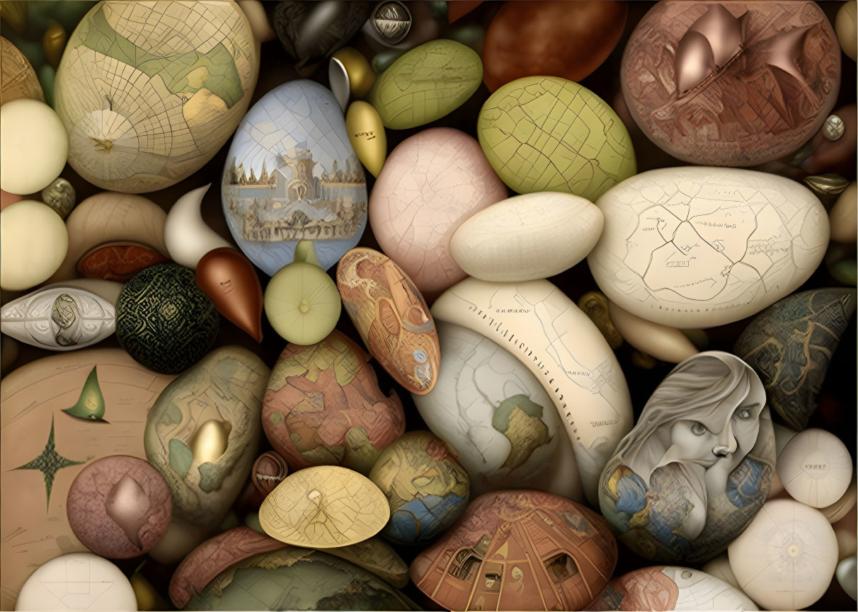 Intricately designed eggs featuring maps, faces, and architecture in earthy tones