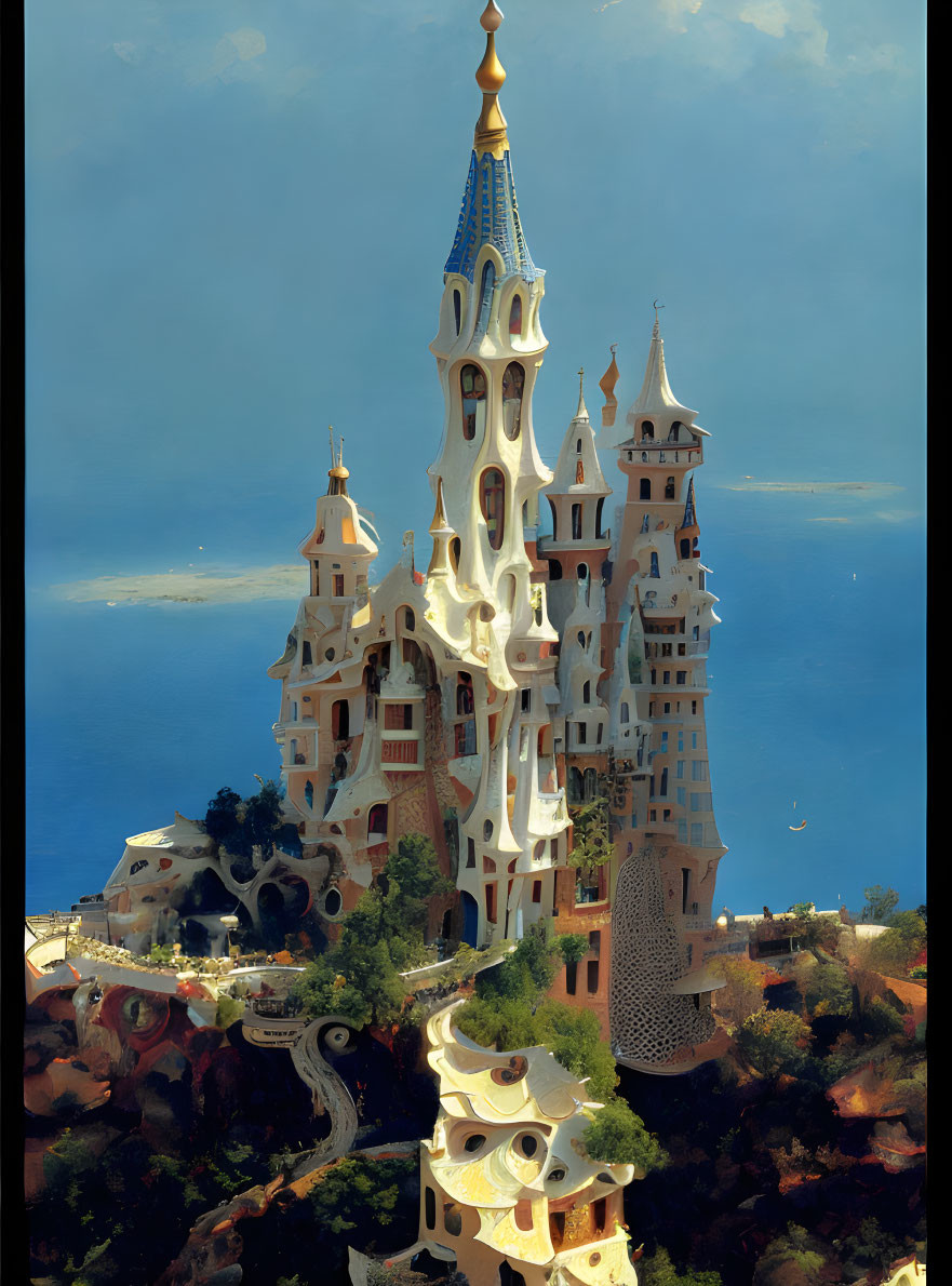 Whimsical fantasy castle on cliff by the sea