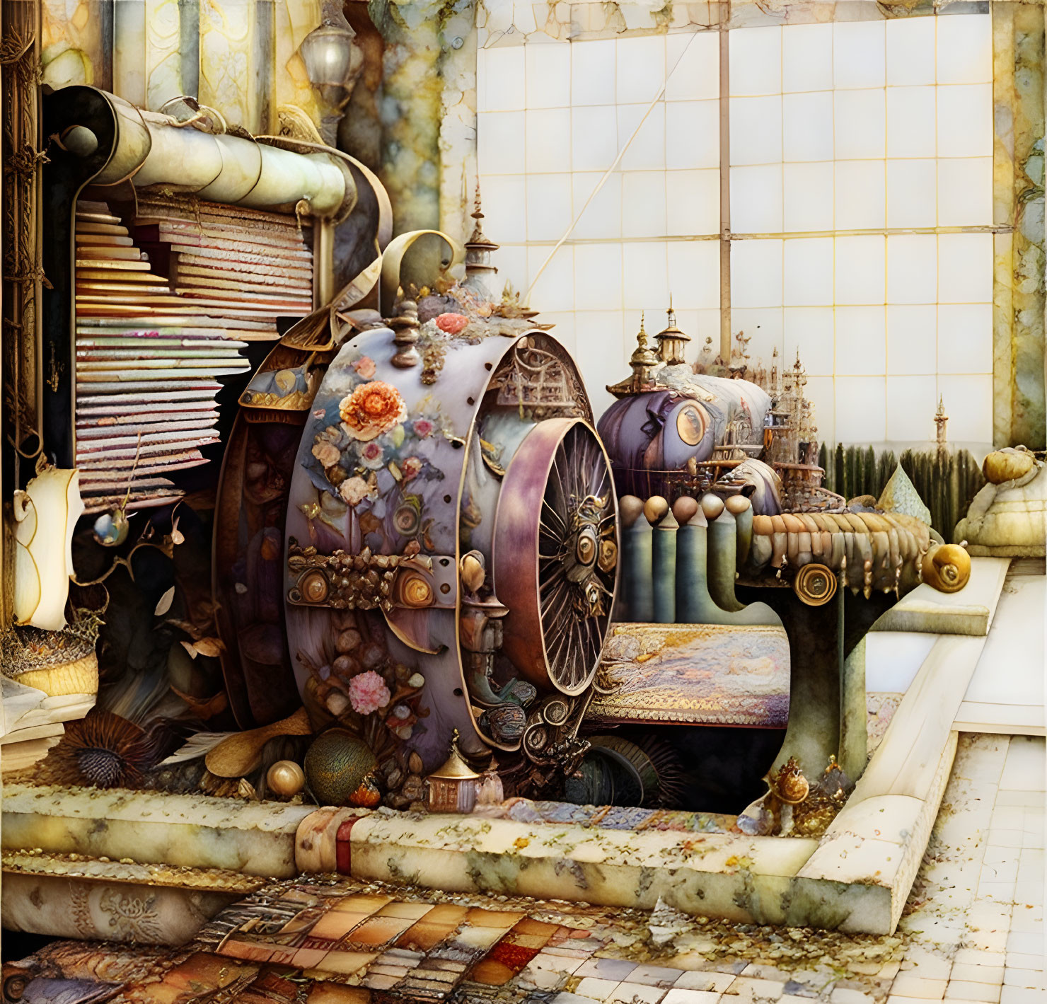 Steampunk-style sewing machine with floral decorations in ornate room