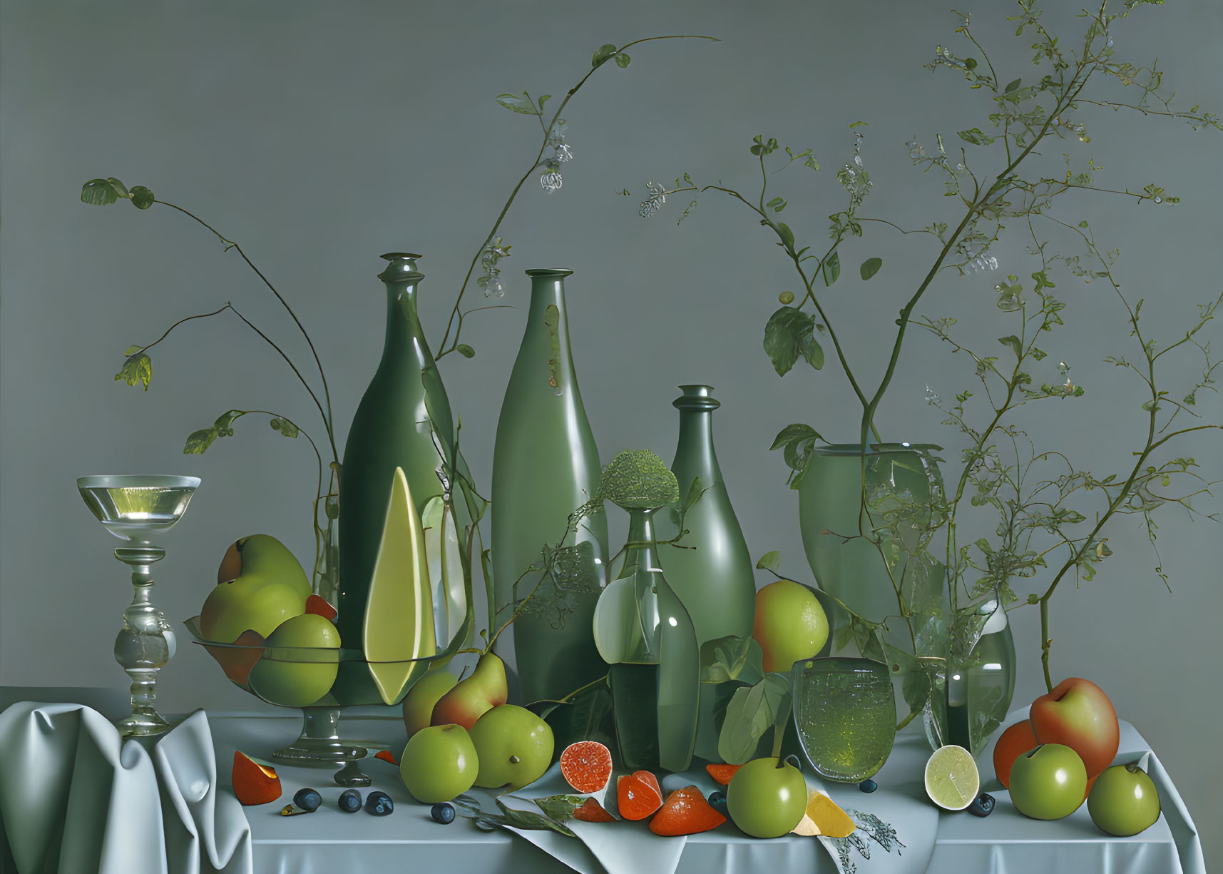 Green glass bottles, fruits, and greenery on table