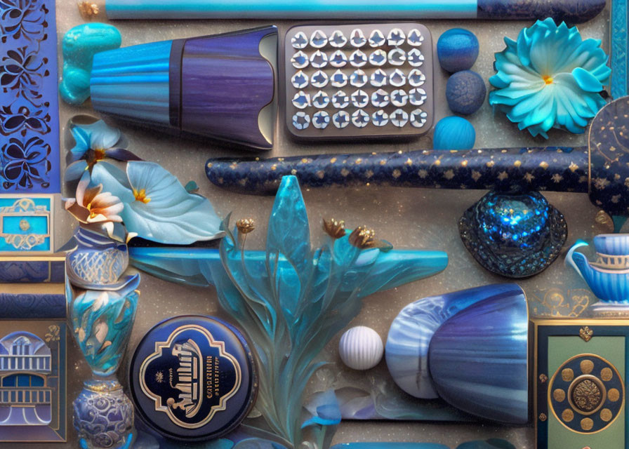 Blue-toned Objects: Stationary, Spheres, Florals in Artistic Arrangement