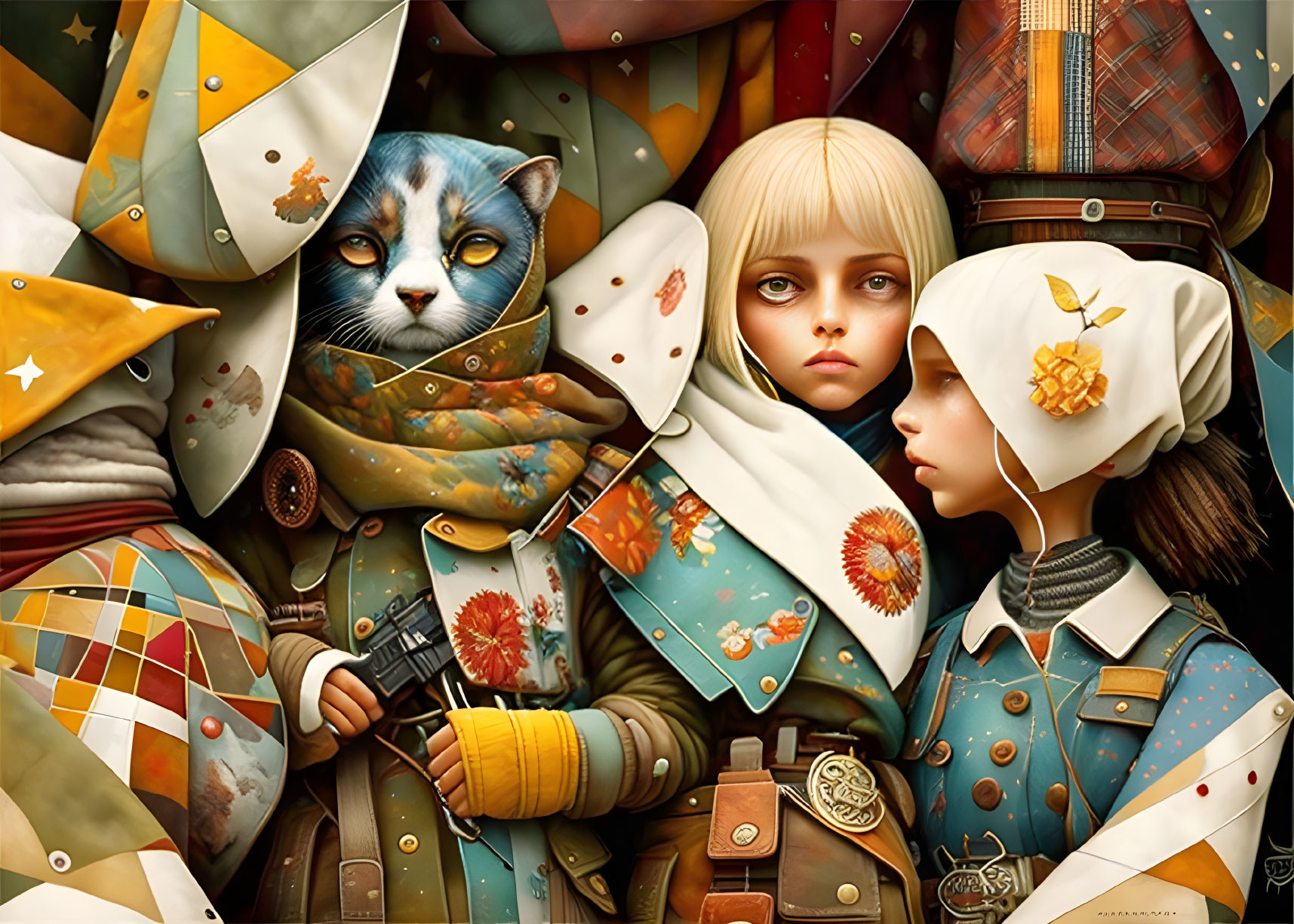 Whimsical digital artwork with stoic girl, sunflower badge figure, and blue-eyed cat amid