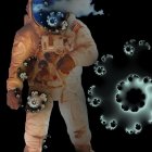 Astronaut in reflective visor suit amid cosmic planets and stars