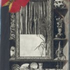 Eclectic surreal cabinet with skull, flower, draped curtains, vessels, and books against celestial backdrop