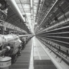 Futuristic industrial interior with large pipes and people walking among symmetrical towering structures