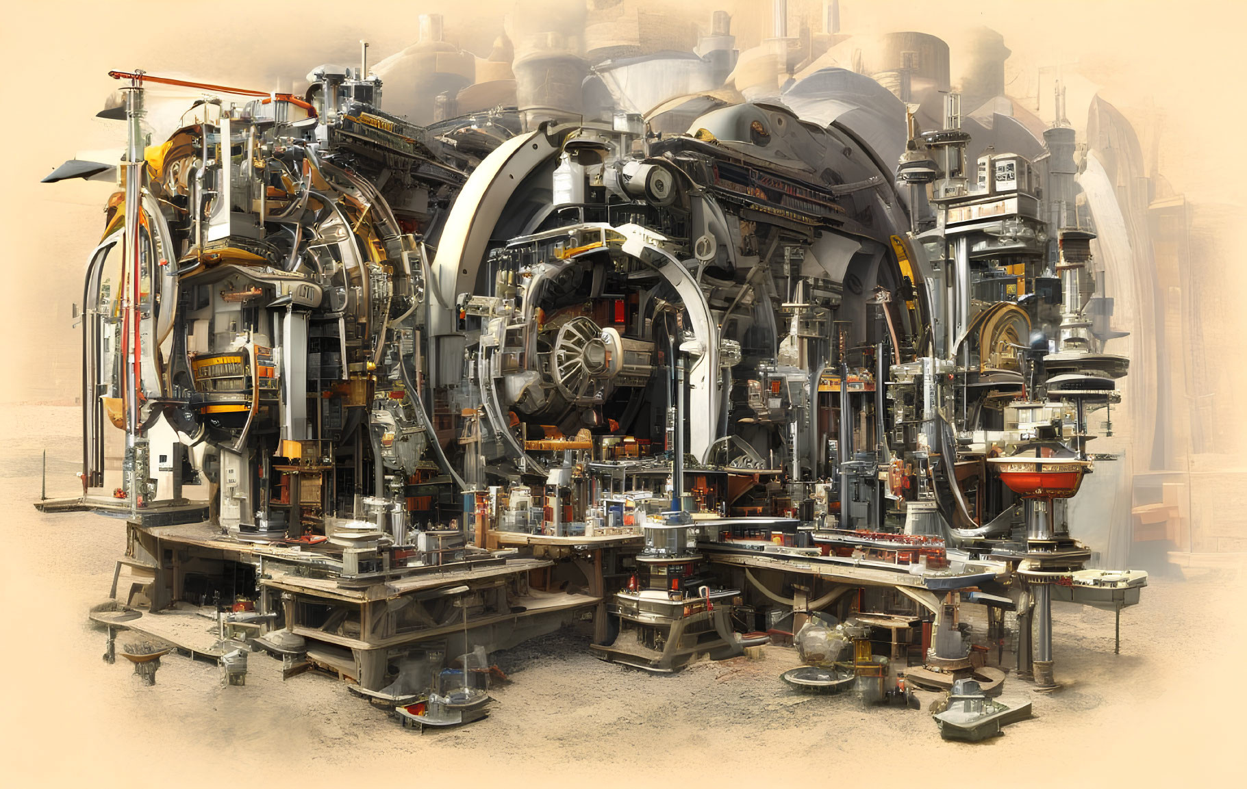 Detailed Steampunk Apparatus in Sepia-Toned Industrial Setting