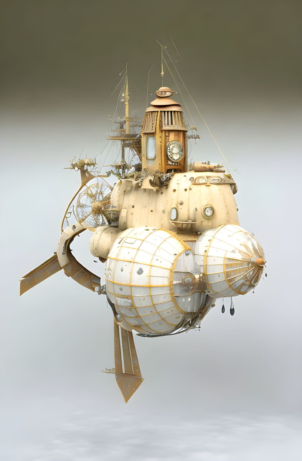 Steampunk-style airship with spherical compartments and propellers against neutral background