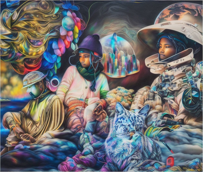 Colorful surreal painting with futuristic headgear and lynx portrait