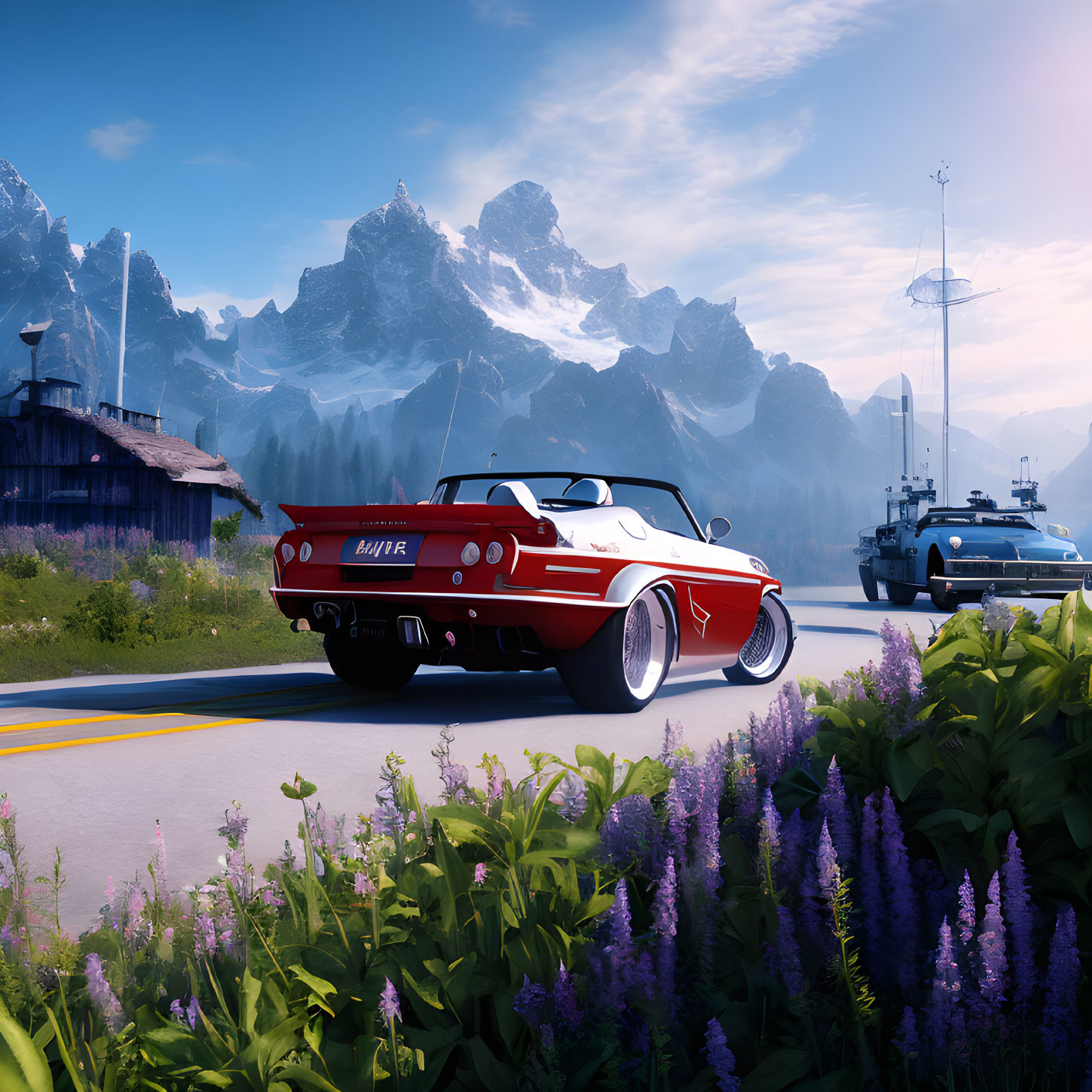 Red Convertible Car Surrounded by Purple Flowers on Mountain Road