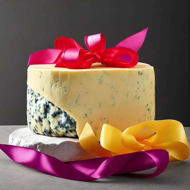 Blue Cheese Wheel with Magenta and Golden Ribbons on Gray Background