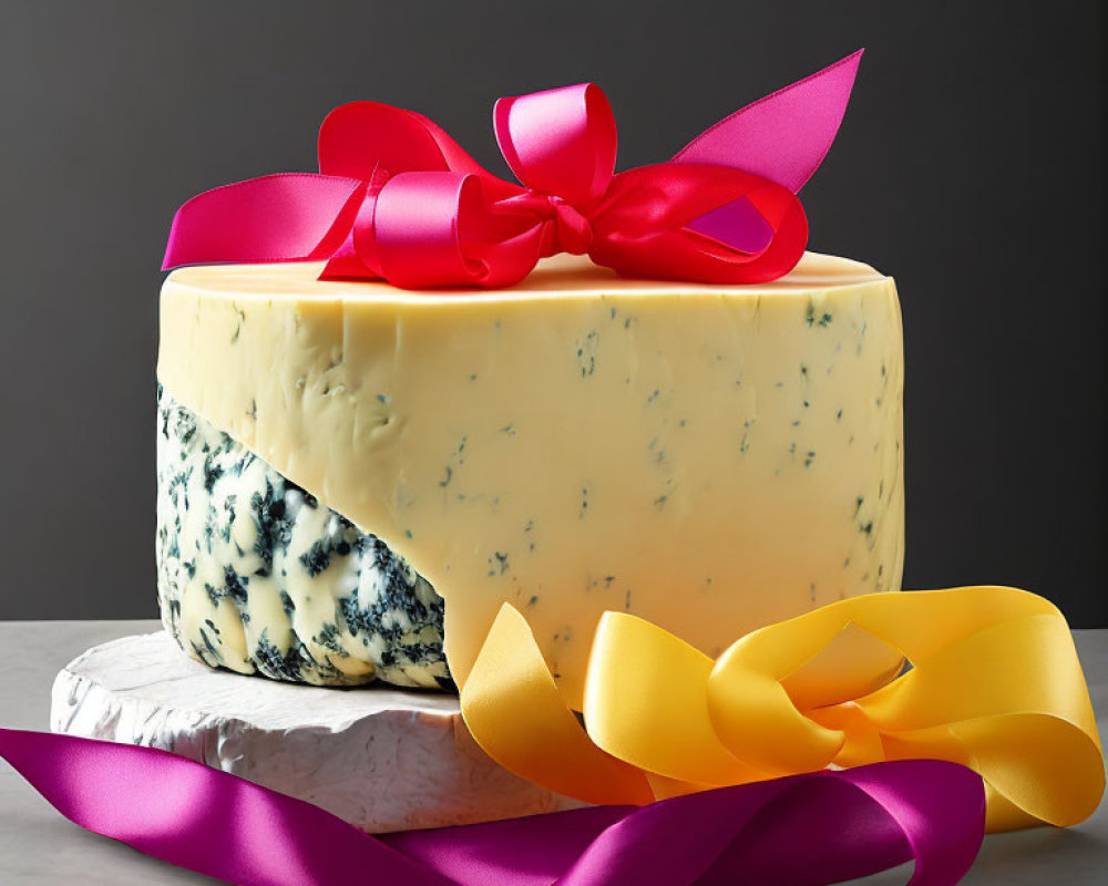 Blue Cheese Wheel with Magenta and Golden Ribbons on Gray Background