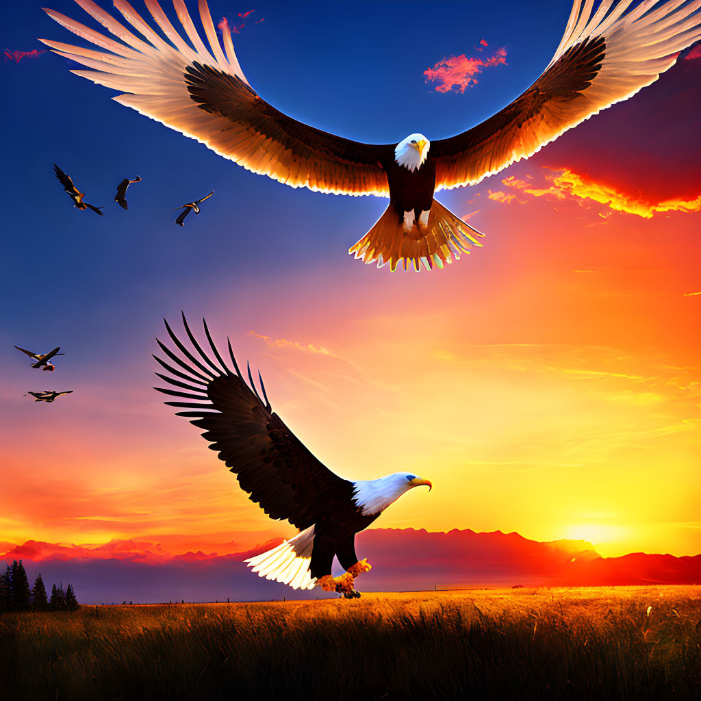 Two eagles soaring in vibrant sunset sky over open field with distant trees