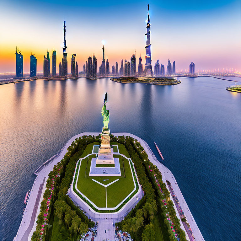 Statue of Liberty replica with modern city skyline at sunset