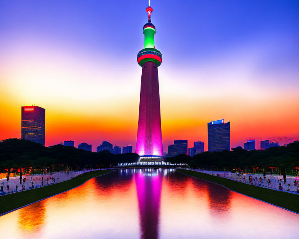 Illuminated tower with purple glow reflecting in water against sunset sky