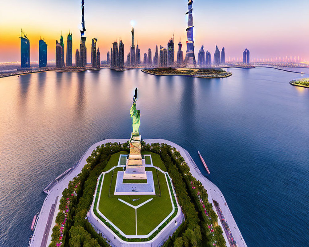 Statue of Liberty replica with modern city skyline at sunset