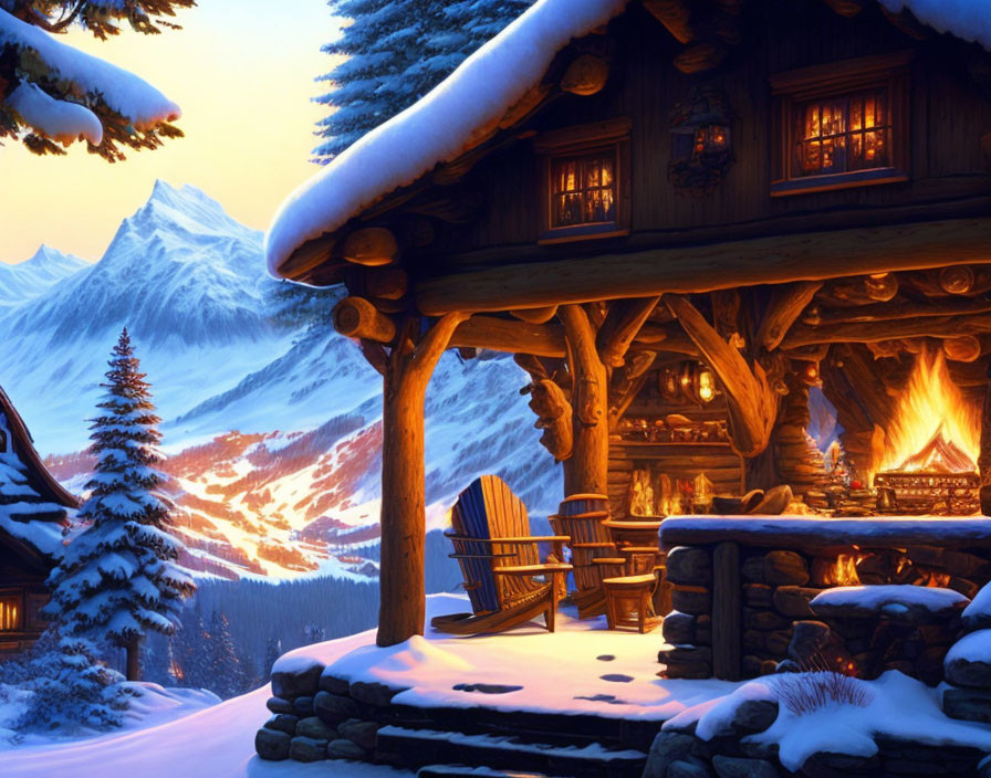 Snow-covered cabin with fireplace and mountain view at dusk