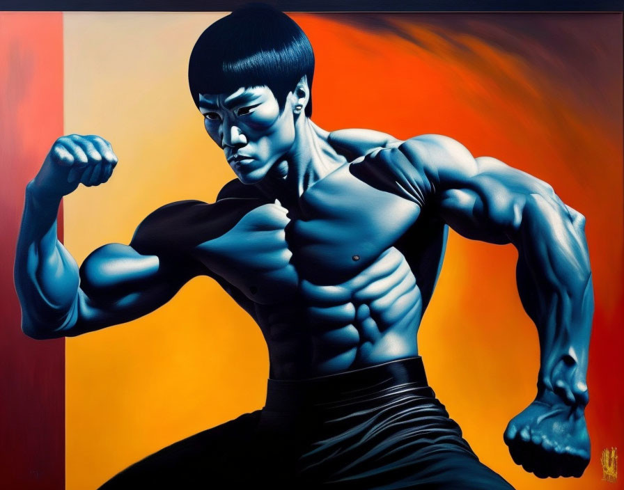 Muscular martial artist painting against fiery backdrop