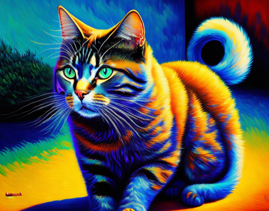 Colorful Cat Artwork with Green Eyes and Vibrant Patterns