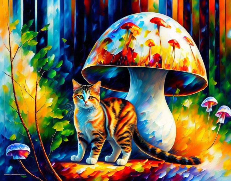 Colorful Painting of Striped Cat and Mushroom in Forest