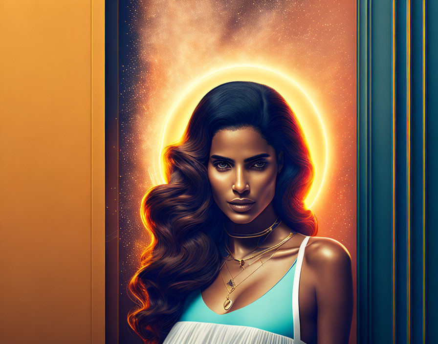 Digital illustration of woman with glowing halo, wavy hair, intense gaze, against cosmic backdrop