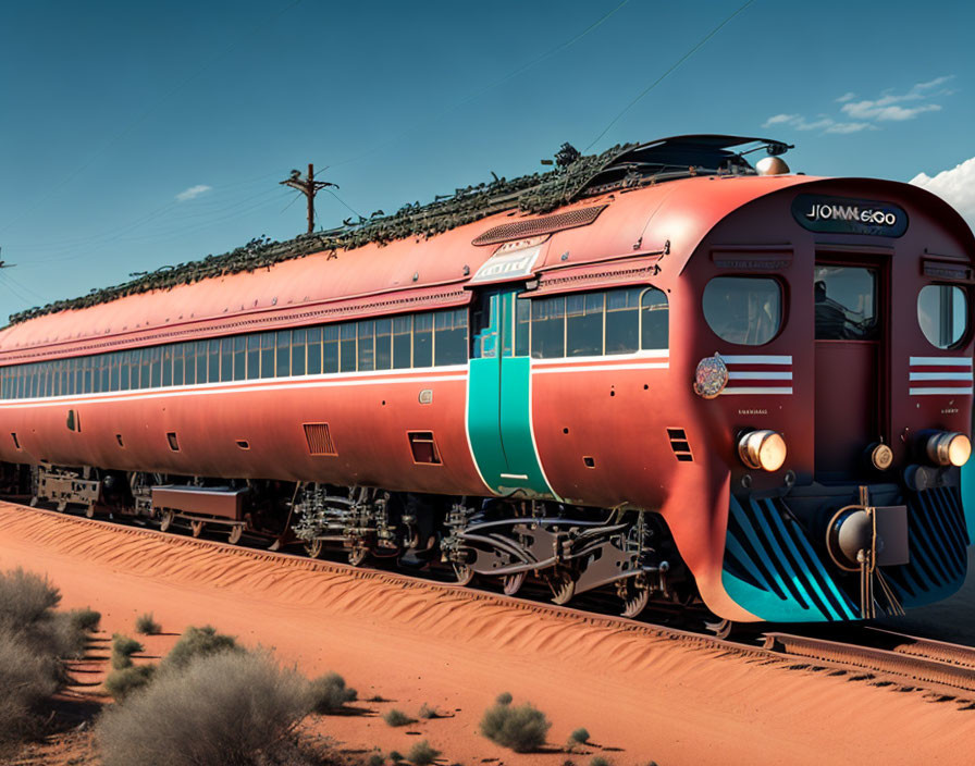 Red and Turquoise Train Named "JOMMEGo" in Desert Landscape