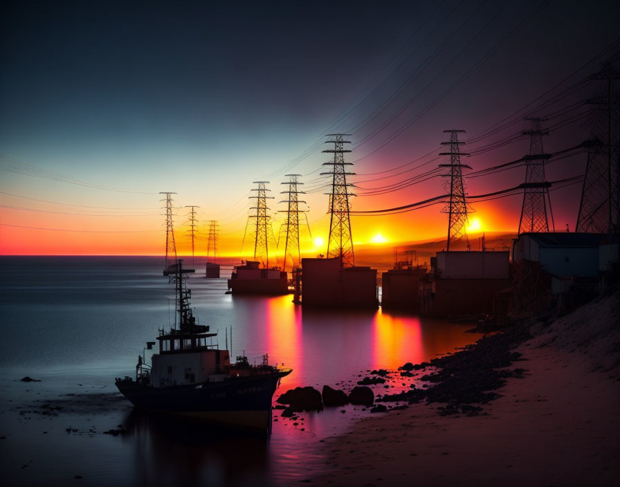 Industrial sunset with electricity pylons, boat, and vibrant sky