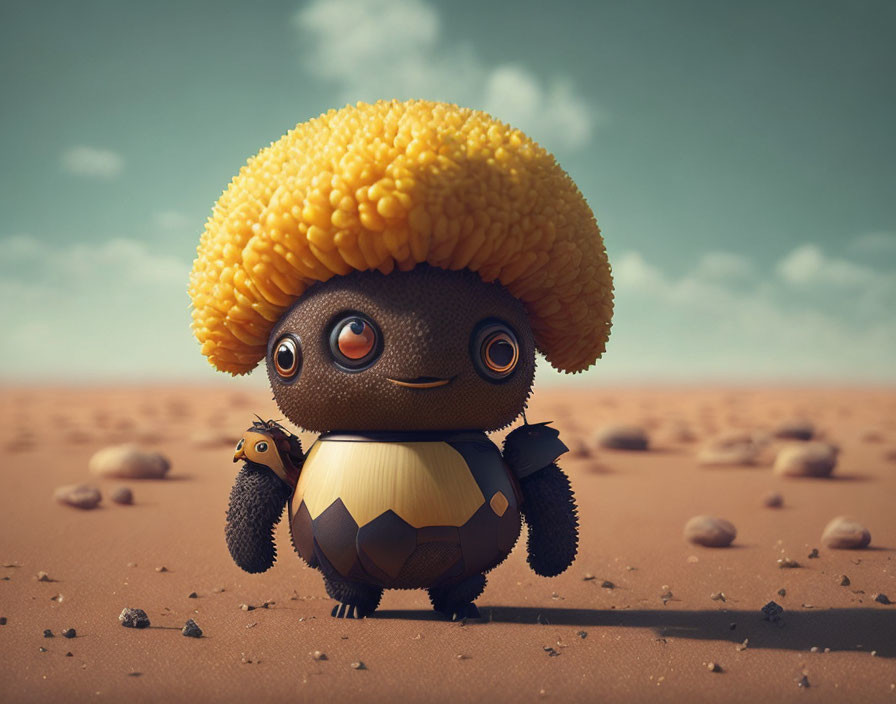 Animated character with corn cob hat and bird in desert landscape