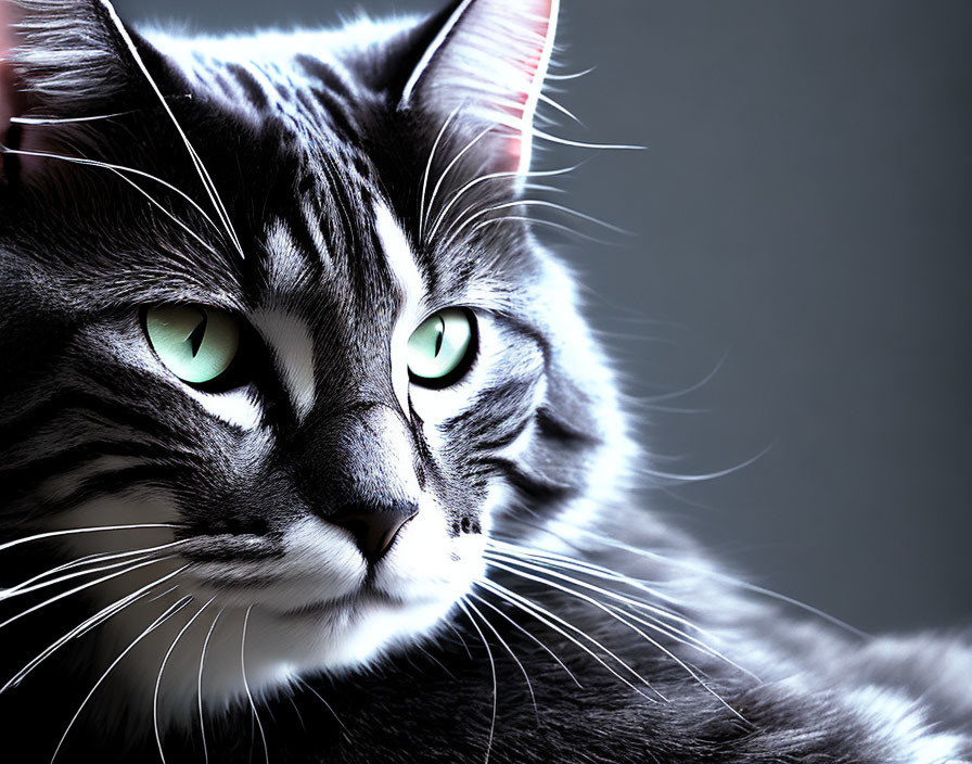 Long-haired black and white cat with green eyes and whiskers on grey background