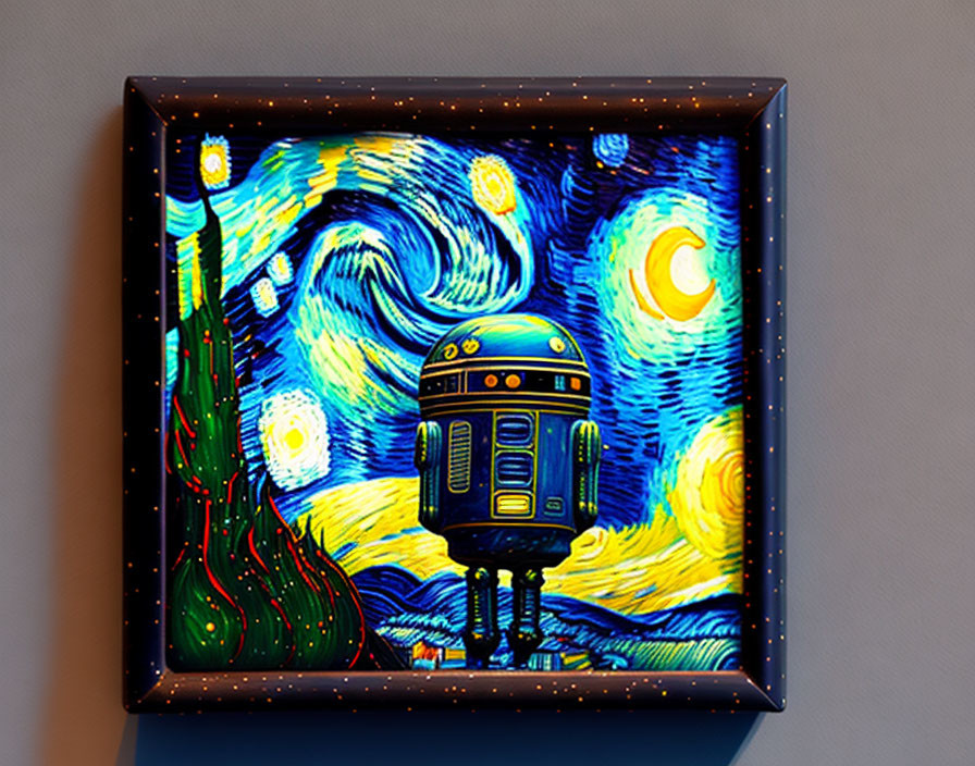 Droid painting with Starry Night backdrop on gallery wall