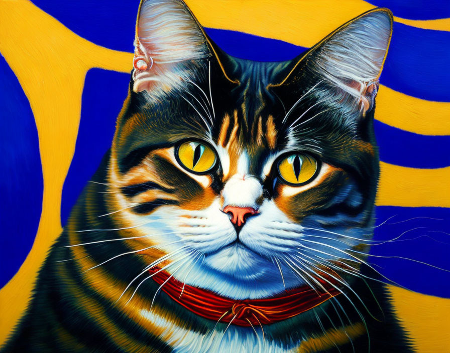 Colorful Tabby Cat Painting with Yellow Eyes and Red Collar on Blue and Yellow Background