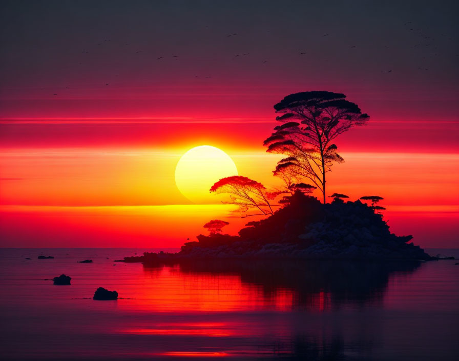 Colorful Sunset with Silhouetted Trees on Island