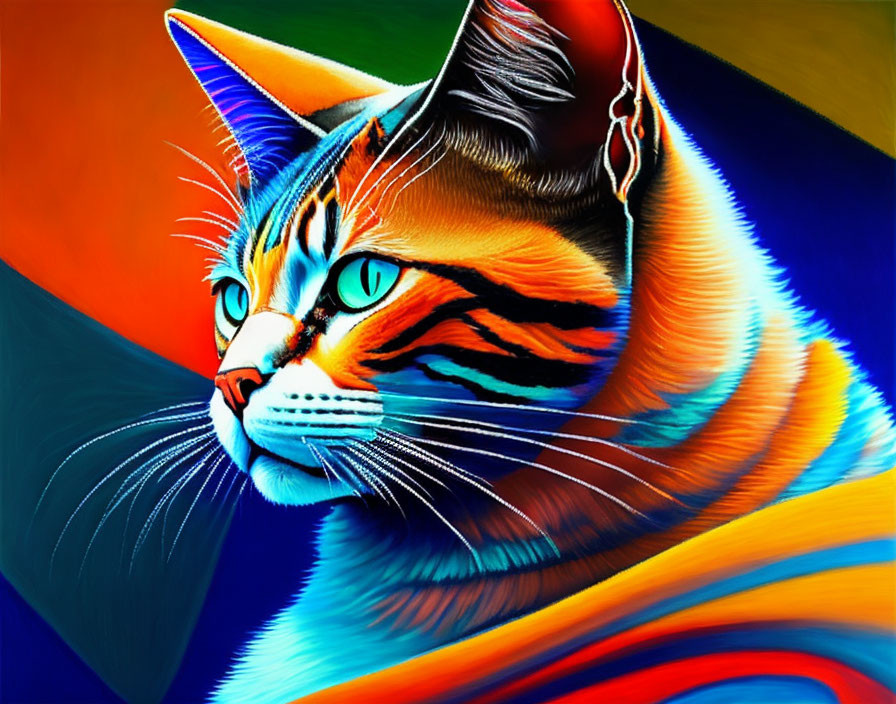 Colorful Cat Artwork with Vibrant Orange, Blue, and Yellow Shades