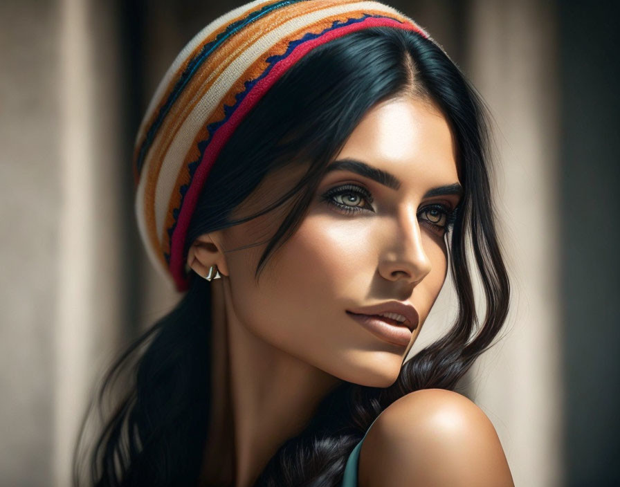 Woman with striking eyes in colorful striped beanie, framed by dark hair in soft lighting