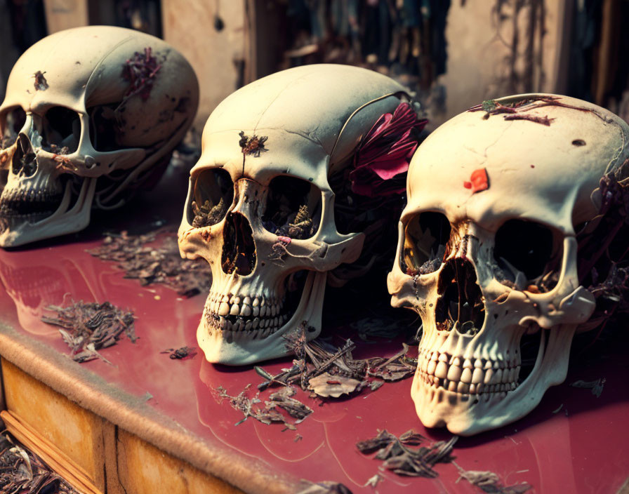 Human skulls with decorative elements on red surface, petals, leaves.