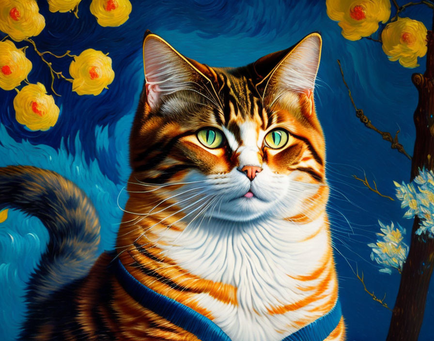 Cat digital art with Van Gogh's "Starry Night" style, featuring blue swirls and