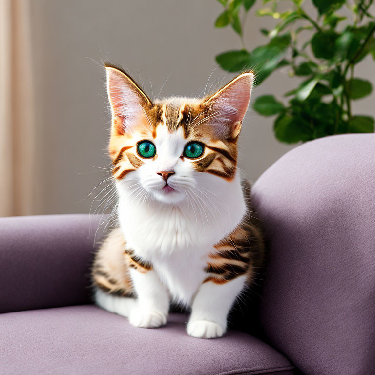 Brown and White Cat with Green Eyes on Purple Couch