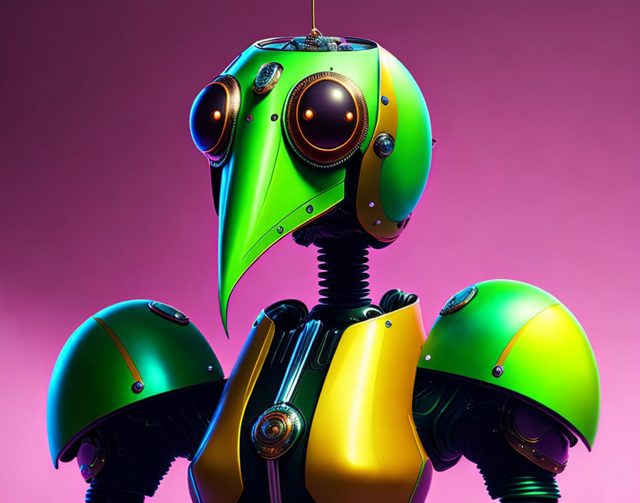 Colorful Stylized Robot with Green and Yellow Body on Pink Background