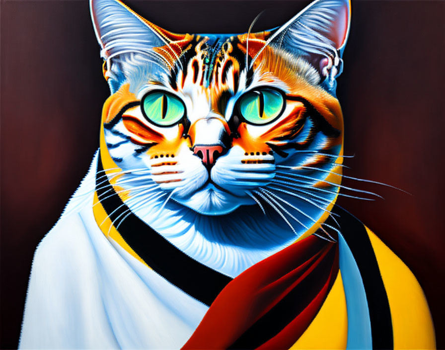 Colorful Cat Painting with Multicolor Fur and Green Eyes