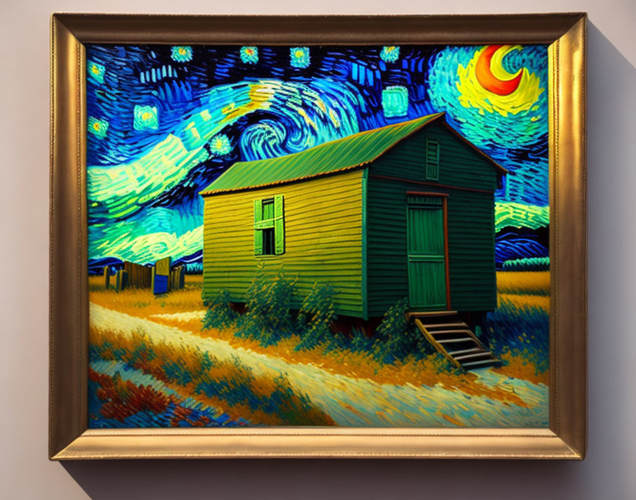 Artistic painting of green house under swirling night sky with stars and crescent moon.