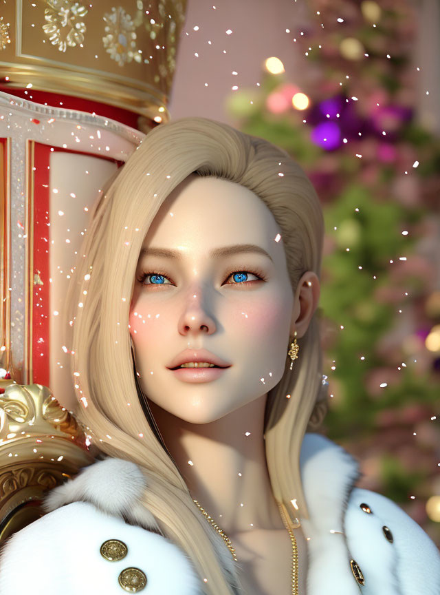 Blonde Woman in White Fur Coat with Christmas Tree Background