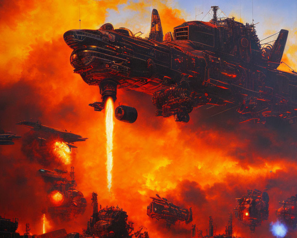 Sci-fi scene: Massive flying warships unleash fiery destruction on burning landscape