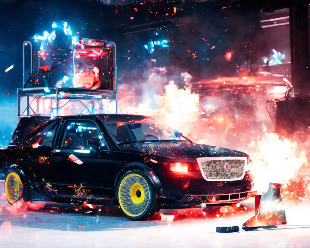 Explosive black car scene with vibrant flames and smoke