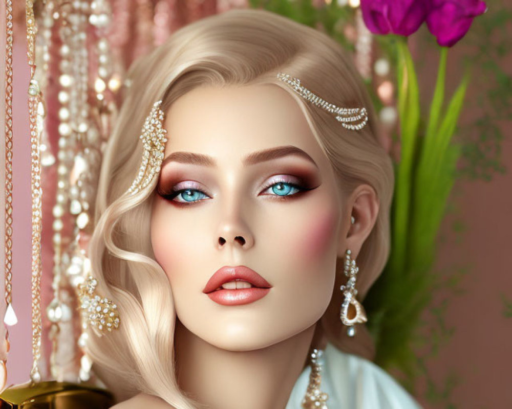 Digital artwork of woman with blue eyes, jewelry, pink backdrop, beads, and purple flower