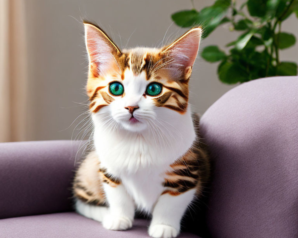 Brown and White Cat with Green Eyes on Purple Couch